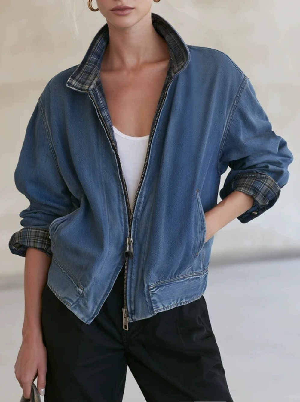 H&M Vintage Washed Denim Bomber Jacket for Women